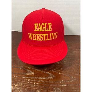 Vintage Nissin Red Mesh Snapback Hat With "Eagle Wrestling" Yellow Print X3